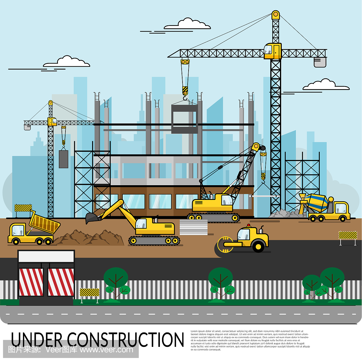 繁忙的建筑工地矢量与工人,卡车,起重机和重型设备工作在建筑结构与城市的背景视图。建设信息图